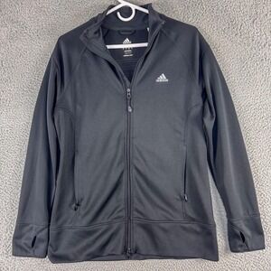 Adidas Jacket Womens Large Black Full Zip Thumb Holes 3-Stripes Back Pockets‎